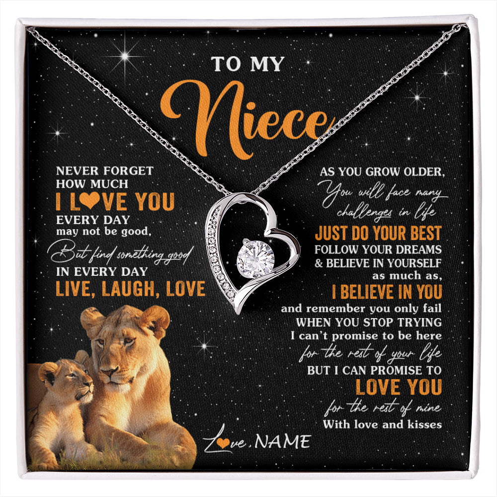 Forever Love Necklace 14K White Gold Finish | 1 | Personalized To My Niece Necklace From Aunt Auntie Live Laugh Love Lion Niece Birthday Gifts Positive Graduation Christmas Customized Gift Box Message Card | siriusteestore