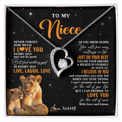 Forever Love Necklace 14K White Gold Finish | 1 | Personalized To My Niece Necklace From Aunt Auntie Live Laugh Love Lion Niece Birthday Gifts Positive Graduation Christmas Customized Gift Box Message Card | siriusteestore