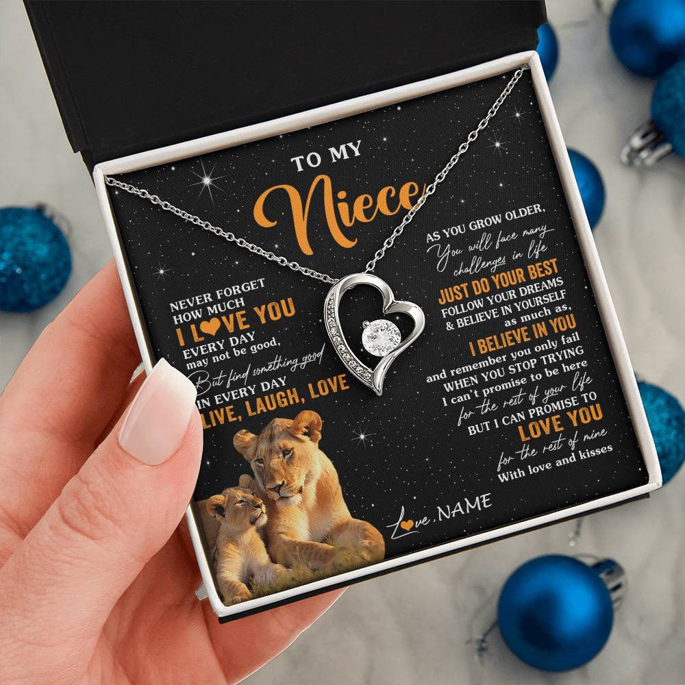 Forever Love Necklace 14K White Gold Finish | 2 | Personalized To My Niece Necklace From Aunt Auntie Live Laugh Love Lion Niece Birthday Gifts Positive Graduation Christmas Customized Gift Box Message Card | siriusteestore