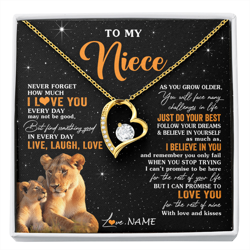 Forever Love Necklace 18K Yellow Gold Finish | 1 | Personalized To My Niece Necklace From Aunt Auntie Live Laugh Love Lion Niece Birthday Gifts Positive Graduation Christmas Customized Gift Box Message Card | siriusteestore