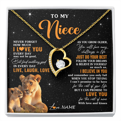 Forever Love Necklace 18K Yellow Gold Finish | 1 | Personalized To My Niece Necklace From Aunt Auntie Live Laugh Love Lion Niece Birthday Gifts Positive Graduation Christmas Customized Gift Box Message Card | siriusteestore