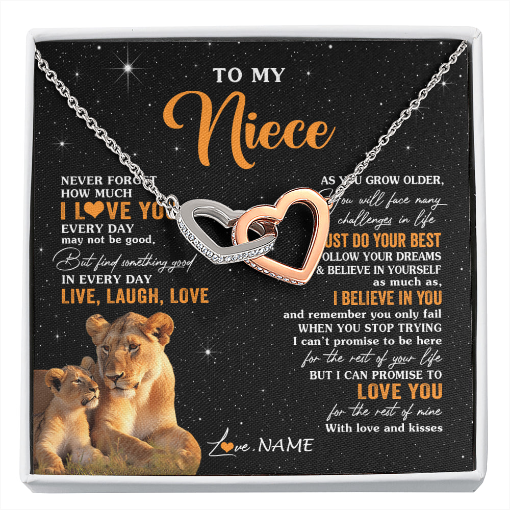 Interlocking Hearts Necklace Stainless Steel & Rose Gold Finish | 1 | Personalized To My Niece Necklace From Aunt Auntie Live Laugh Love Lion Niece Birthday Gifts Positive Graduation Christmas Customized Gift Box Message Card | siriusteestore