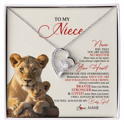 Forever Love Necklace 14K White Gold Finish | 1 | Personalized To My Niece Necklace From Aunt Auntie Never Feel You Are Alone Lion Niece Birthday Graduation Christmas Customized Gift Box Message Card | siriusteestore