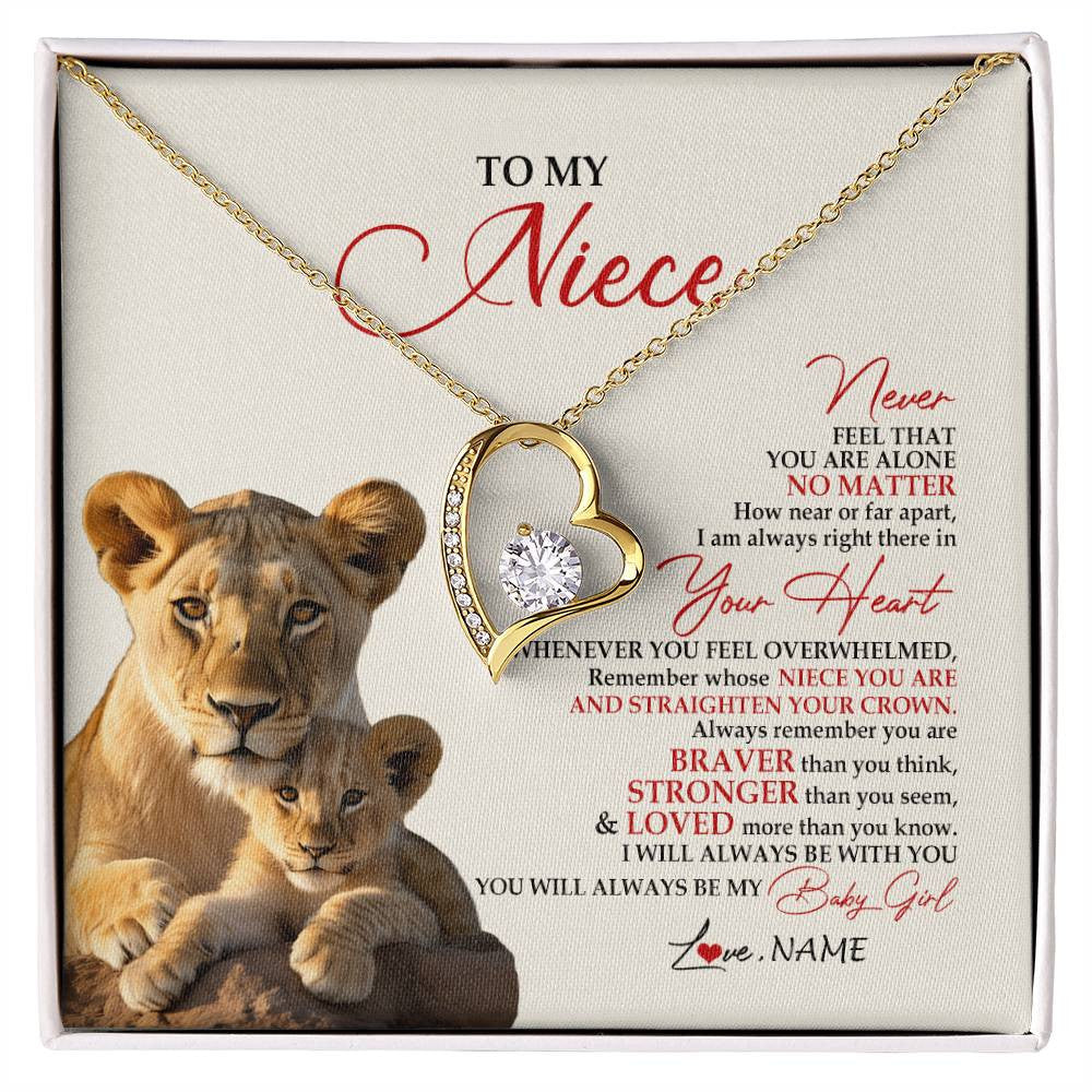 Forever Love Necklace 18K Yellow Gold Finish | 1 | Personalized To My Niece Necklace From Aunt Auntie Never Feel You Are Alone Lion Niece Birthday Graduation Christmas Customized Gift Box Message Card | siriusteestore