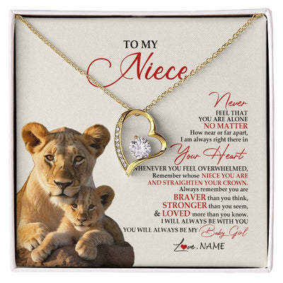 Forever Love Necklace 18K Yellow Gold Finish | 1 | Personalized To My Niece Necklace From Aunt Auntie Never Feel You Are Alone Lion Niece Birthday Graduation Christmas Customized Gift Box Message Card | siriusteestore