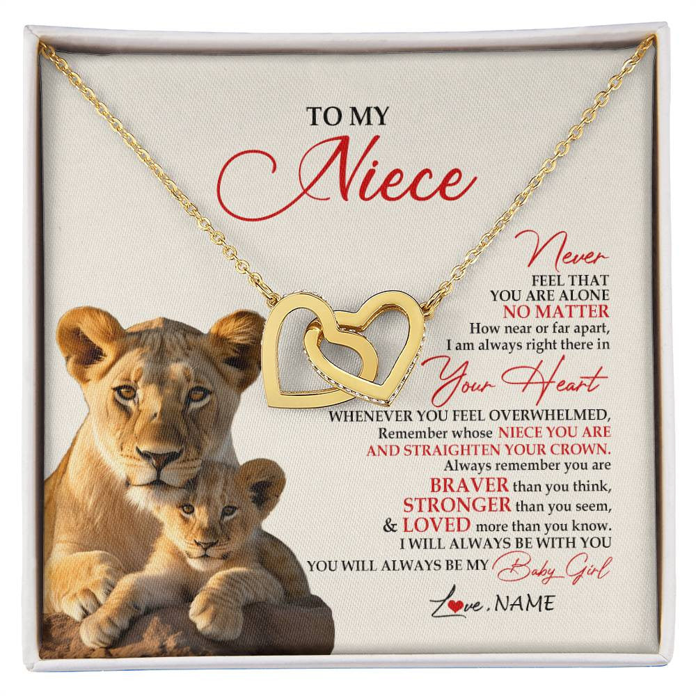 Interlocking Hearts Necklace 18K Yellow Gold Finish | 1 | Personalized To My Niece Necklace From Aunt Auntie Never Feel You Are Alone Lion Niece Birthday Graduation Christmas Customized Gift Box Message Card | siriusteestore
