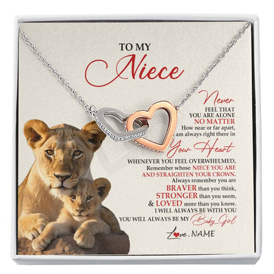 Interlocking Hearts Necklace Stainless Steel & Rose Gold Finish | 1 | Personalized To My Niece Necklace From Aunt Auntie Never Feel You Are Alone Lion Niece Birthday Graduation Christmas Customized Gift Box Message Card | siriusteestore