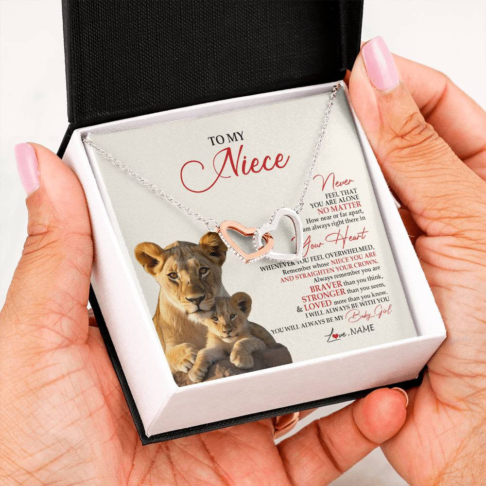 Interlocking Hearts Necklace Stainless Steel & Rose Gold Finish | 2 | Personalized To My Niece Necklace From Aunt Auntie Never Feel You Are Alone Lion Niece Birthday Graduation Christmas Customized Gift Box Message Card | siriusteestore