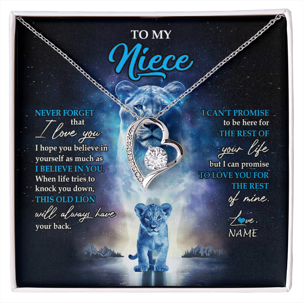 Forever Love Necklace 14K White Gold Finish | 1 | Personalized To My Niece Necklace From Aunt Auntie Never Forget I Love You Lion Niece Jewelry Birthday Graduation Christmas Customized Message Card | siriusteestore