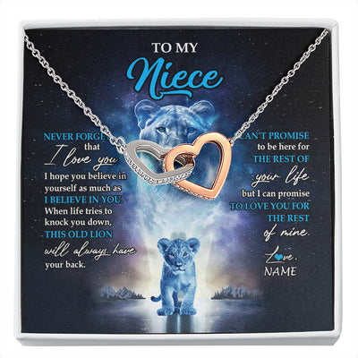 Interlocking Hearts Necklace Stainless Steel & Rose Gold Finish | 1 | Personalized To My Niece Necklace From Aunt Auntie Never Forget I Love You Lion Niece Jewelry Birthday Graduation Christmas Customized Message Card | siriusteestore