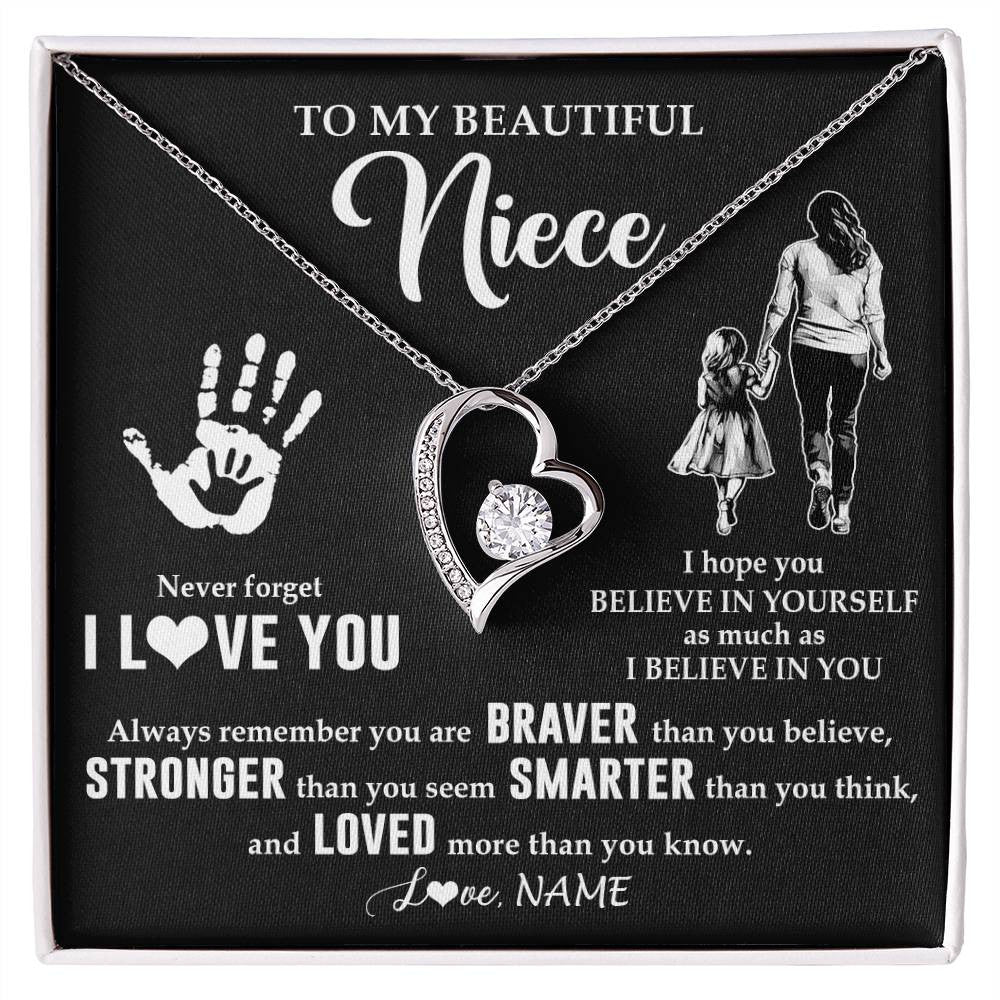 Forever Love Necklace 14K White Gold Finish | 1 | Personalized To My Niece Necklace From Aunt Auntie Never Forget I Love You Niece Birthday Gifts Christmas New Year Graduation Customized Gift Box Message Card | siriusteestore