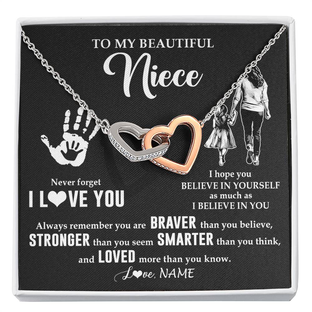 Interlocking Hearts Necklace Stainless Steel & Rose Gold Finish | 1 | Personalized To My Niece Necklace From Aunt Auntie Never Forget I Love You Niece Birthday Gifts Christmas New Year Graduation Customized Gift Box Message Card | siriusteestore