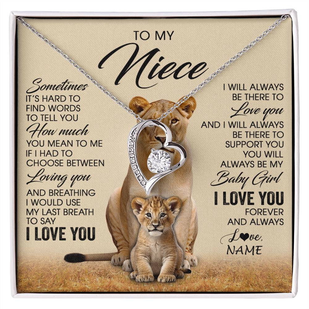 Forever Love Necklace 14K White Gold Finish | 1 | Personalized To My Niece Necklace From Aunt Auntie Sometimes It's Hard Lion Niece Gift Birthday Jewelry Graduation Christmas Customized Gift Box Message Card | siriusteestore