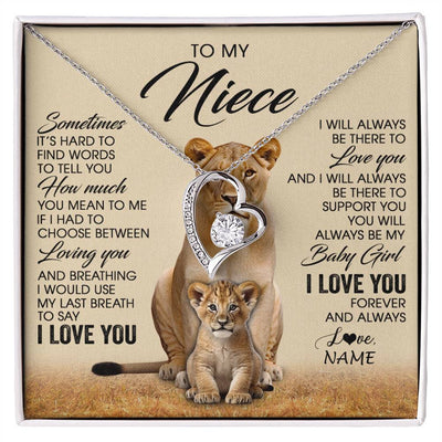 Forever Love Necklace 14K White Gold Finish | 1 | Personalized To My Niece Necklace From Aunt Auntie Sometimes It's Hard Lion Niece Gift Birthday Jewelry Graduation Christmas Customized Gift Box Message Card | siriusteestore