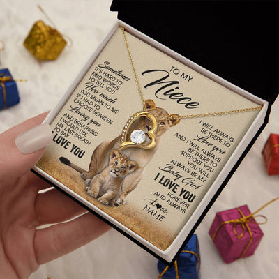 Forever Love Necklace 18K Yellow Gold Finish | 2 | Personalized To My Niece Necklace From Aunt Auntie Sometimes It's Hard Lion Niece Gift Birthday Jewelry Graduation Christmas Customized Gift Box Message Card | siriusteestore