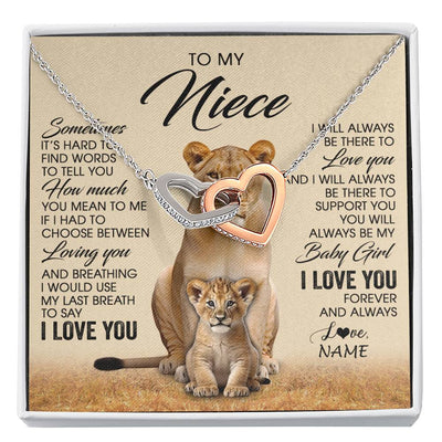 Interlocking Hearts Necklace Stainless Steel & Rose Gold Finish | 1 | Personalized To My Niece Necklace From Aunt Auntie Sometimes It's Hard Lion Niece Gift Birthday Jewelry Graduation Christmas Customized Gift Box Message Card | siriusteestore