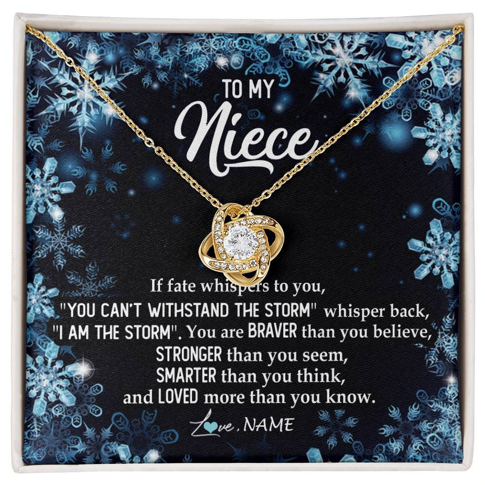 Love Knot Necklace 18K Yellow Gold Finish | Personalized To My Niece Necklace From Aunt Auntie Uncle Auntie Whisper Back I Am The Storm Niece Pendant Jewelry Birthday Christmas Customized Message Card | siriusteestore