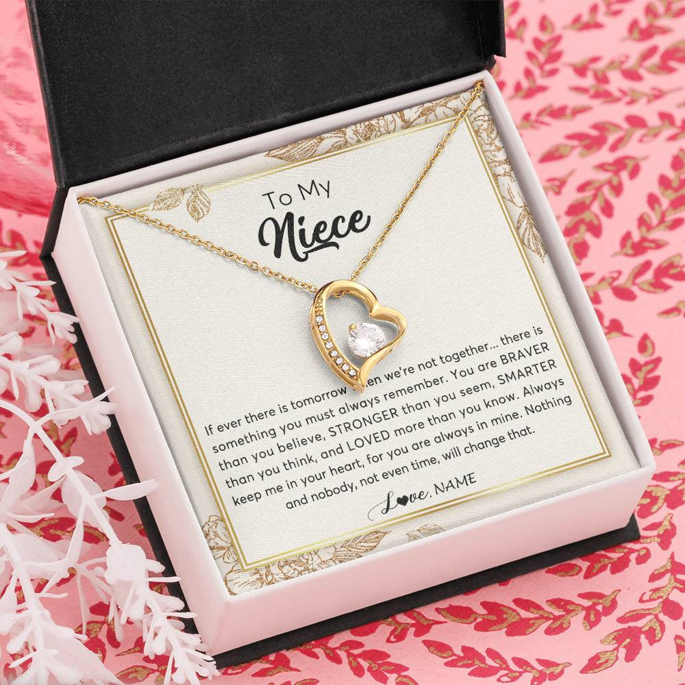Forever Love Necklace 18K Yellow Gold Finish | Personalized To My Niece Necklace From Aunt Auntie Uncle Braver Stronger Smarter Loved Niece Jewelry Birthday Christmas Customized Gift Box Message Card | siriusteestore