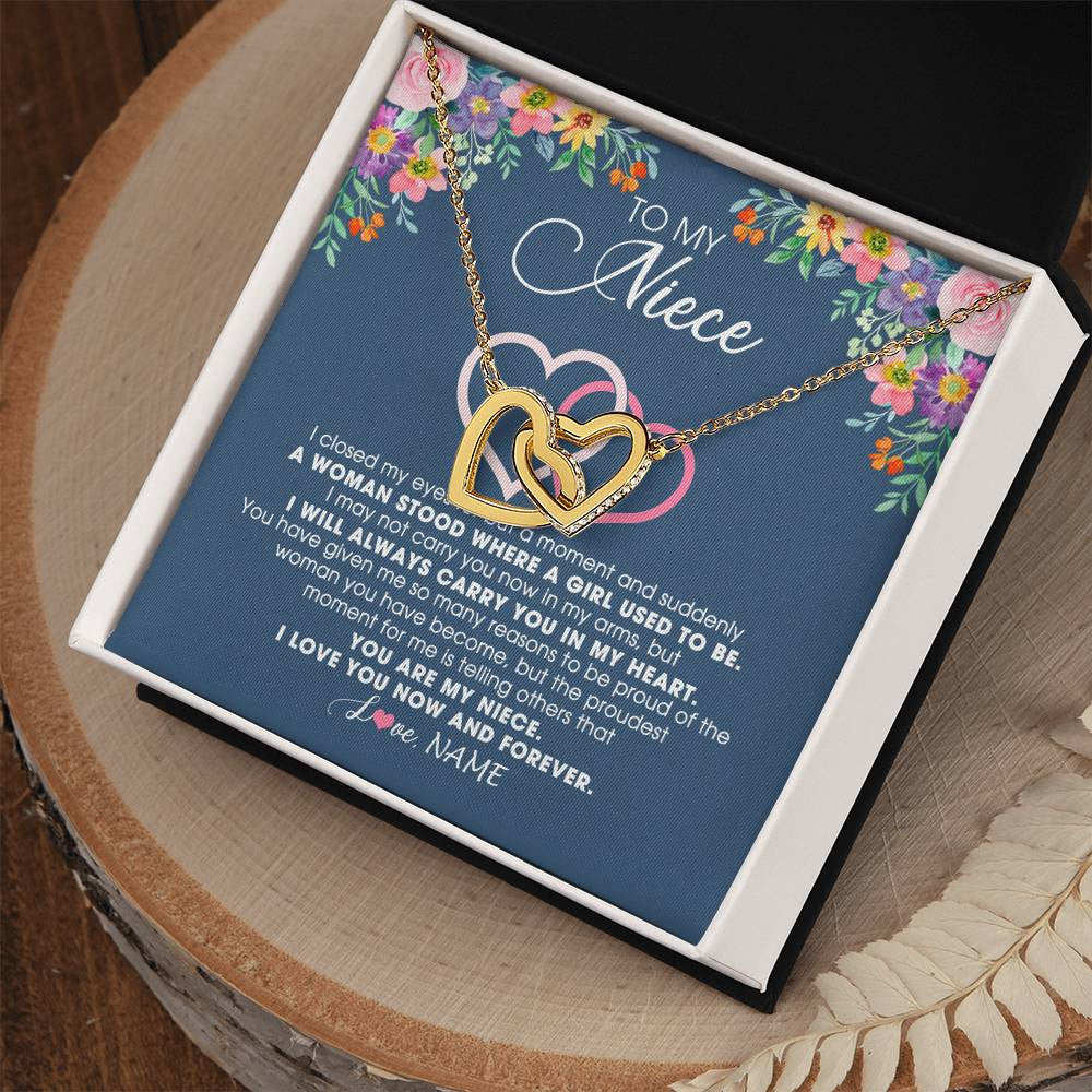 Interlocking Hearts Necklace 18K Yellow Gold Finish | Personalized To My Niece Necklace From Aunt Auntie Uncle I Love You Now And Forever Jewelry For Niece Birthday Graduation Christmas Customized Message Card | siriusteestore