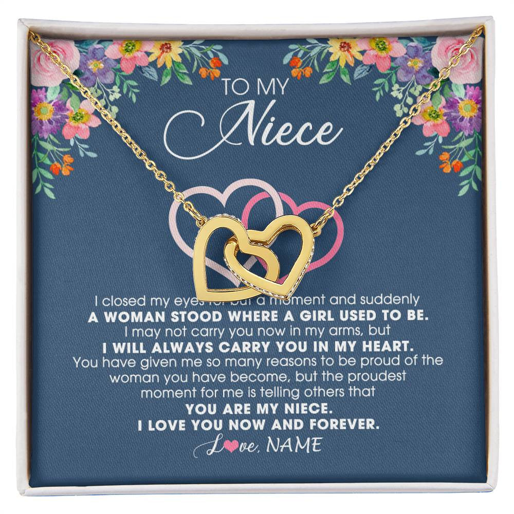 Interlocking Hearts Necklace 18K Yellow Gold Finish | Personalized To My Niece Necklace From Aunt Auntie Uncle I Love You Now And Forever Jewelry For Niece Birthday Graduation Christmas Customized Message Card | siriusteestore