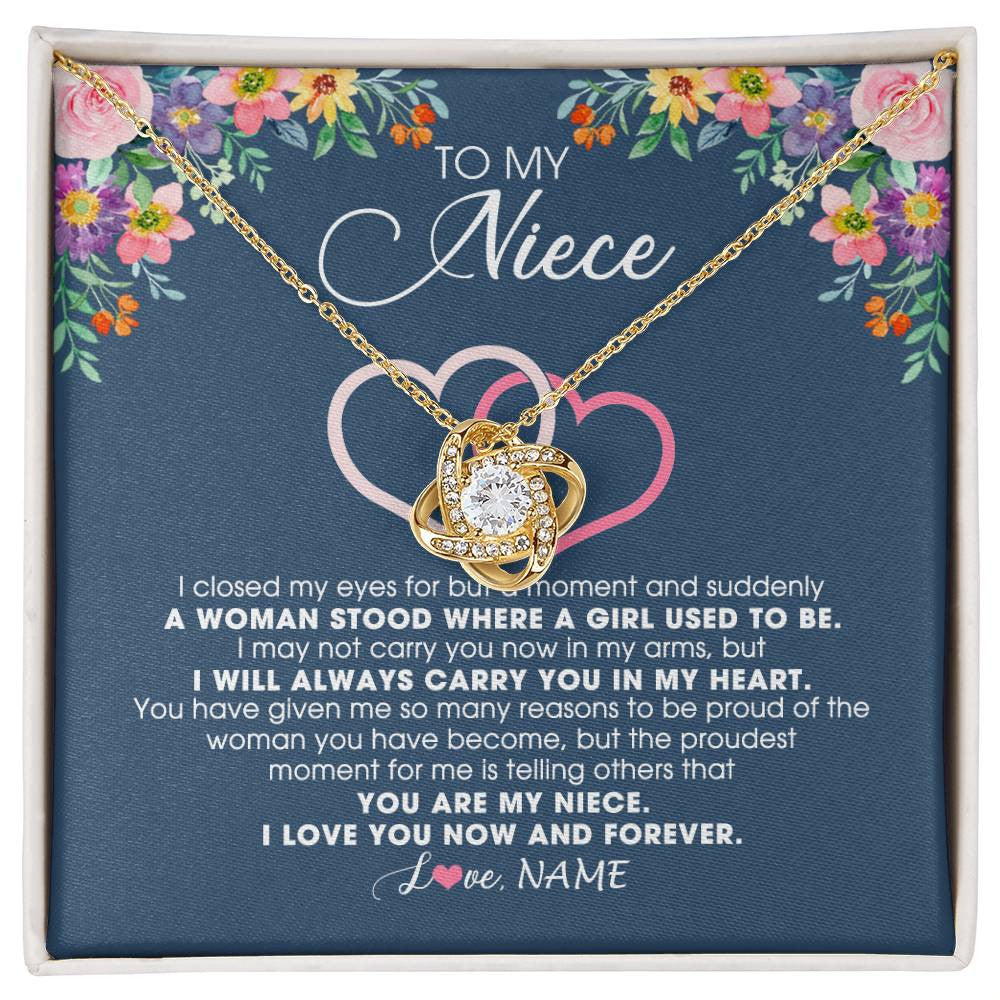 Love Knot Necklace 18K Yellow Gold Finish | Personalized To My Niece Necklace From Aunt Auntie Uncle I Love You Now And Forever Jewelry For Niece Birthday Graduation Christmas Customized Message Card | siriusteestore