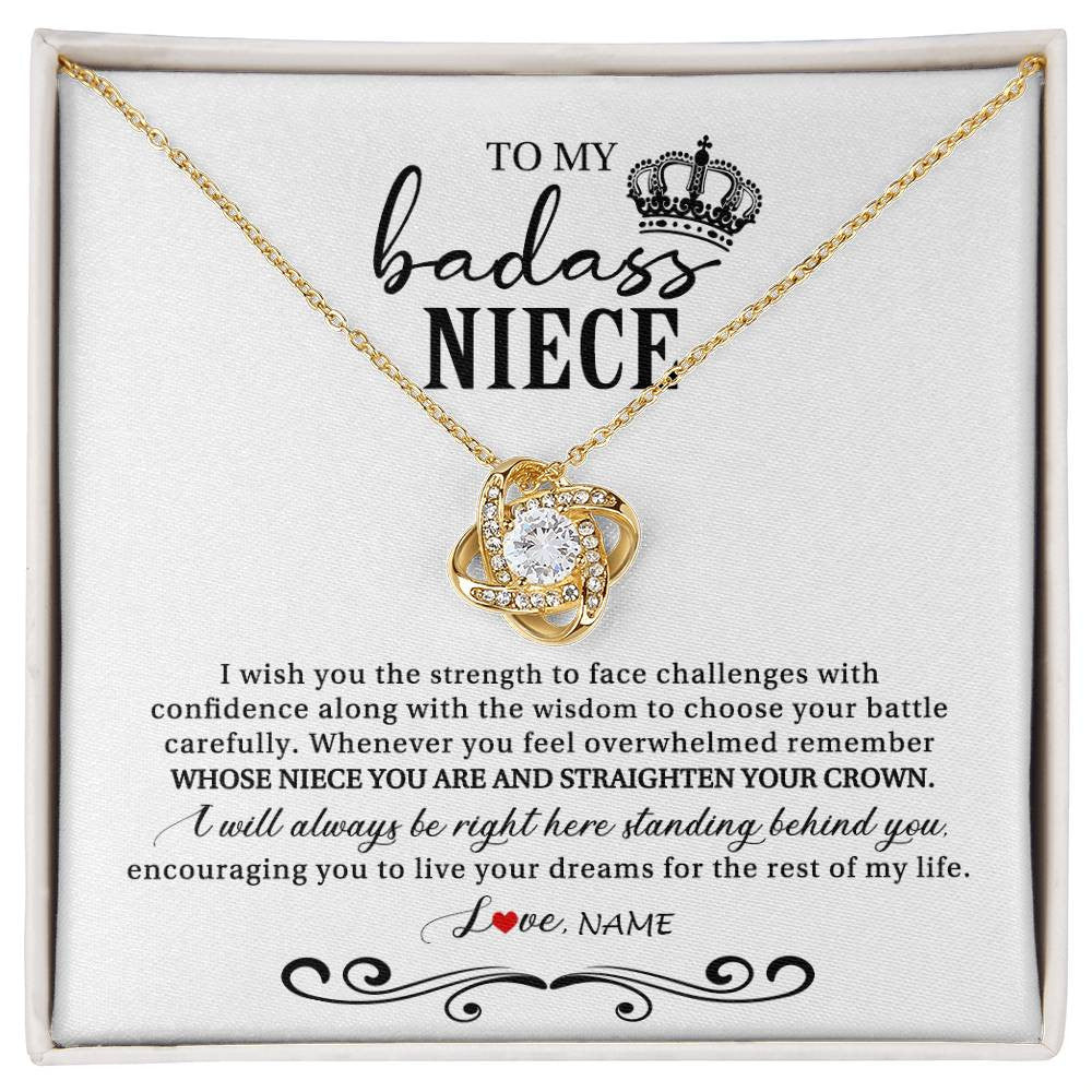 Love Knot Necklace 18K Yellow Gold Finish | Personalized To My Niece Necklace From Aunt Auntie Uncle Wish You The Strength Niece Birthday Christmas Graduation Jewelry Customized Gift Box Message Card | siriusteestore