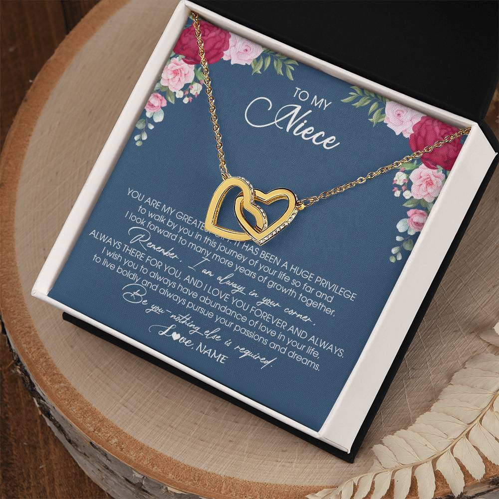 Interlocking Hearts Necklace 18K Yellow Gold Finish | Personalized To My Niece Necklace From Aunt Auntie Uncle You Are My Greatest Gift Niece Birthday Christmas Customized Jewelry Gift Box Message Card | siriusteestore