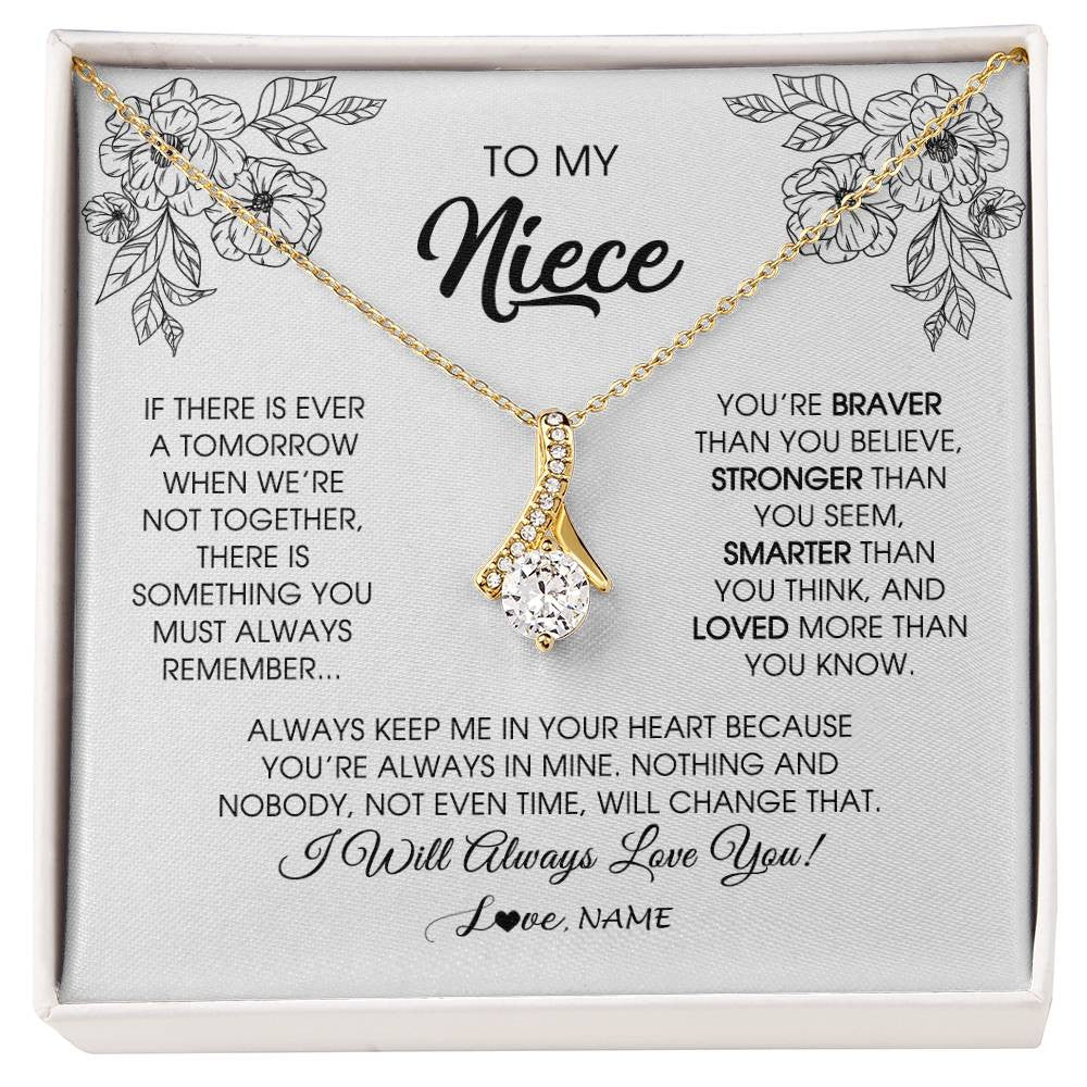 Alluring Beauty Necklace 18K Yellow Gold Finish | Personalized To My Niece Necklace From Aunt Auntie Uncle You're Braver Stronger Smarter Niece Birthday Christmas Customized Jewelry Gift Box Message Card | siriusteestore