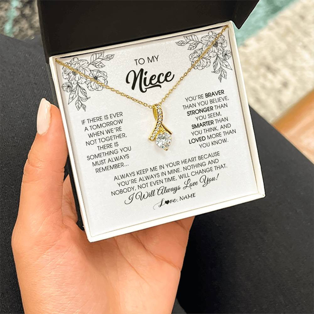 Alluring Beauty Necklace 18K Yellow Gold Finish | Personalized To My Niece Necklace From Aunt Auntie Uncle You're Braver Stronger Smarter Niece Birthday Christmas Customized Jewelry Gift Box Message Card | siriusteestore