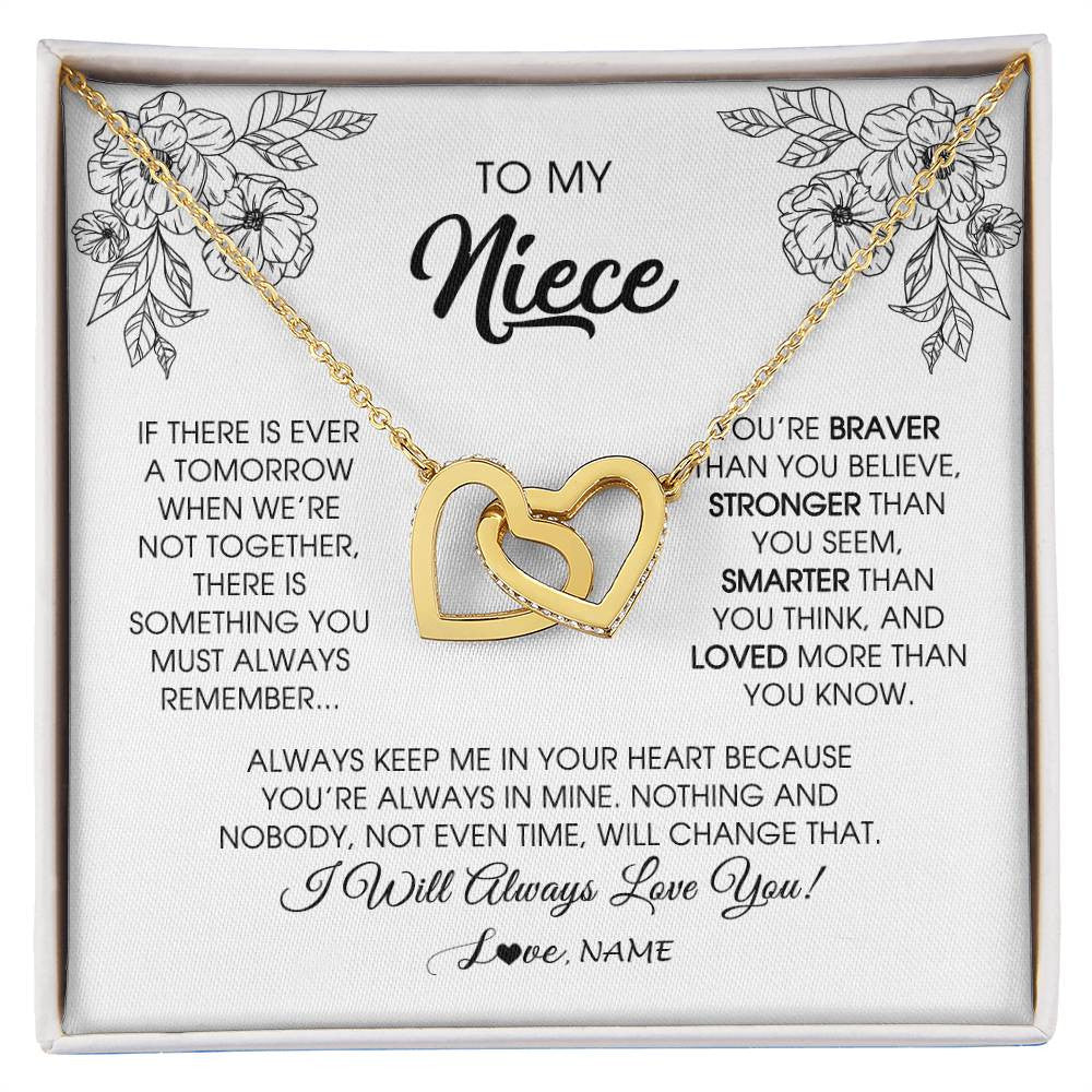 Interlocking Hearts Necklace 18K Yellow Gold Finish | Personalized To My Niece Necklace From Aunt Auntie Uncle You're Braver Stronger Smarter Niece Birthday Christmas Customized Jewelry Gift Box Message Card | siriusteestore
