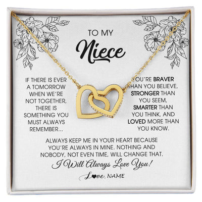 Interlocking Hearts Necklace 18K Yellow Gold Finish | Personalized To My Niece Necklace From Aunt Auntie Uncle You're Braver Stronger Smarter Niece Birthday Christmas Customized Jewelry Gift Box Message Card | siriusteestore