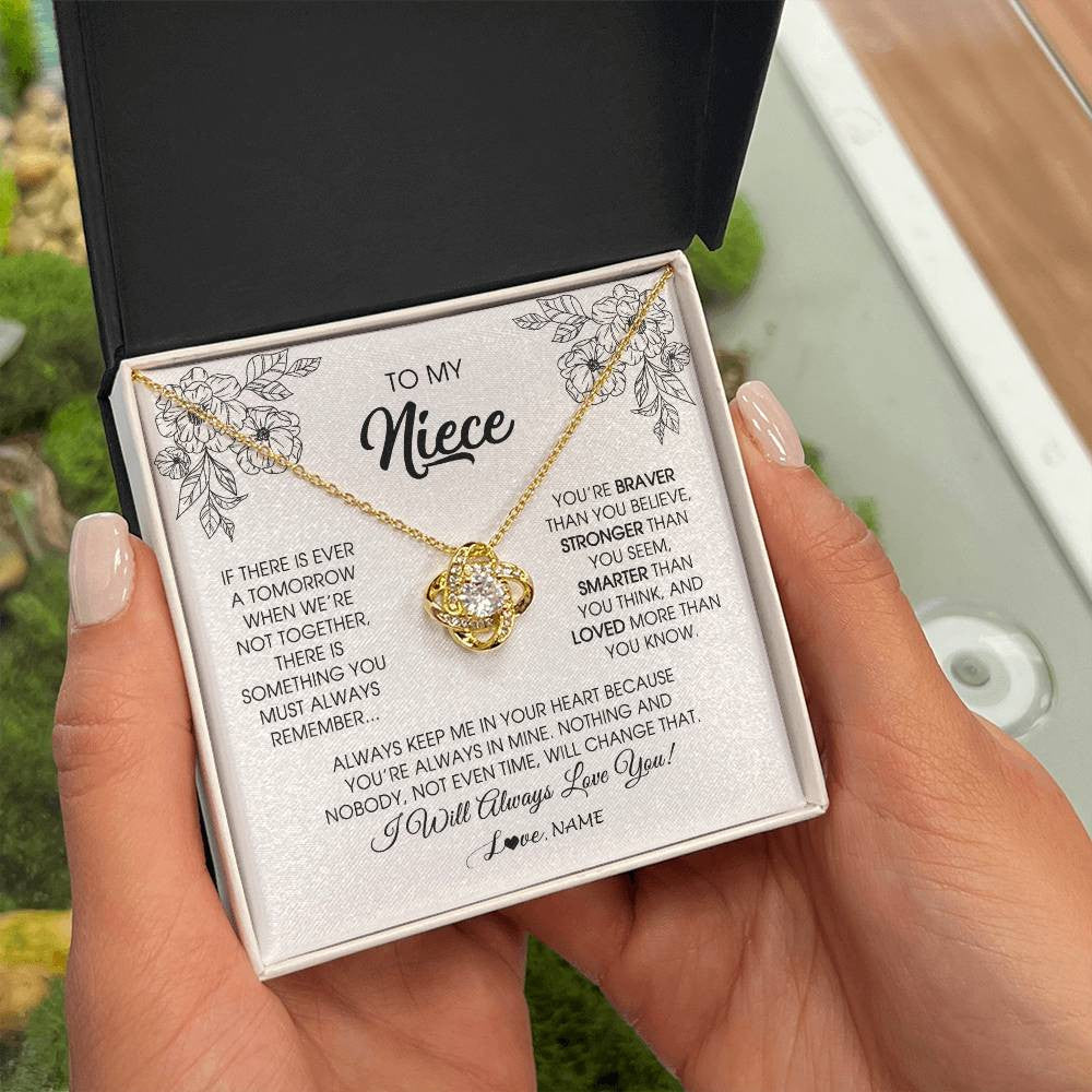 Love Knot Necklace 18K Yellow Gold Finish | Personalized To My Niece Necklace From Aunt Auntie Uncle You're Braver Stronger Smarter Niece Birthday Christmas Customized Jewelry Gift Box Message Card | siriusteestore