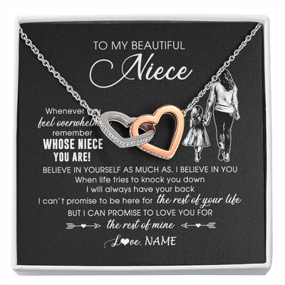 Interlocking Hearts Necklace Stainless Steel & Rose Gold Finish | 1 | Personalized To My Niece Necklace From Aunt Auntie Whenever You Feel Overwhelmed Niece Pendant Jewelry Birthday Christmas Customized Message Card | siriusteestore