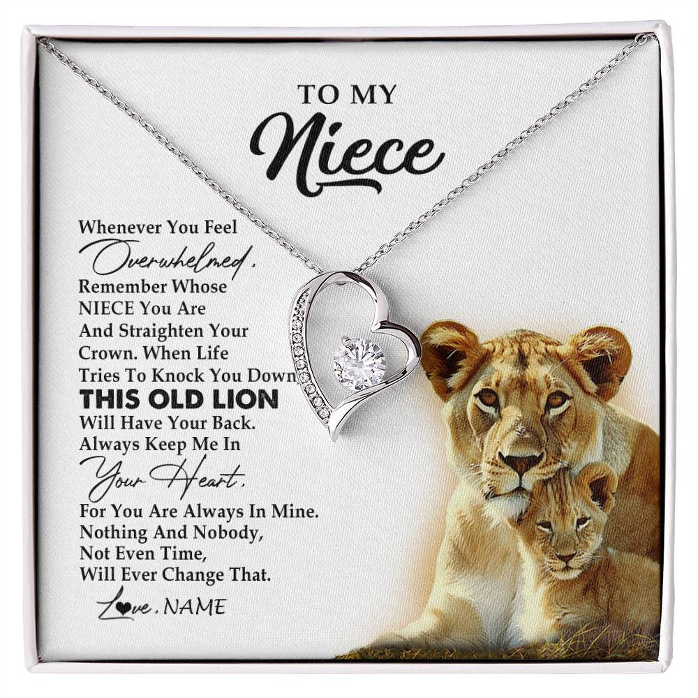 Forever Love Necklace 14K White Gold Finish | 1 | Personalized To My Niece Necklace From Aunt Auntie Whenever You Fell Overwhelmed Lion Niece Birthday Graduation Christmas Customized Gift Box Message Card | siriusteestore