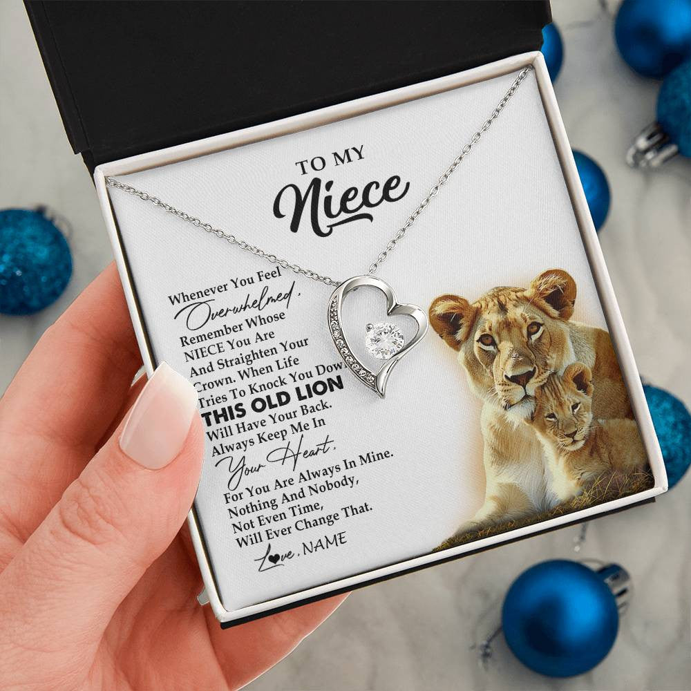 Forever Love Necklace 14K White Gold Finish | 2 | Personalized To My Niece Necklace From Aunt Auntie Whenever You Fell Overwhelmed Lion Niece Birthday Graduation Christmas Customized Gift Box Message Card | siriusteestore