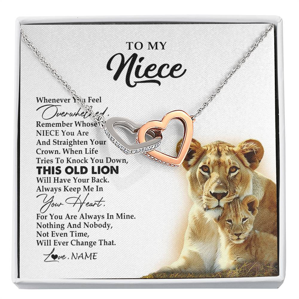 Interlocking Hearts Necklace Stainless Steel & Rose Gold Finish | 1 | Personalized To My Niece Necklace From Aunt Auntie Whenever You Fell Overwhelmed Lion Niece Birthday Graduation Christmas Customized Gift Box Message Card | siriusteestore