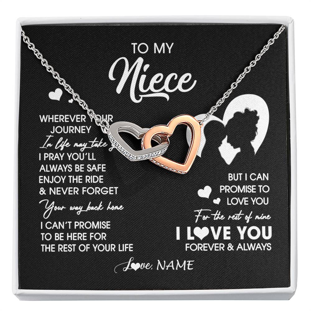 Interlocking Hearts Necklace Stainless Steel & Rose Gold Finish | 1 | Personalized To My Niece Necklace From Aunt Auntie Wherever Your Journey Niece Birthday Gifts Jewelry Graduation Christmas Customized Gift Box Message Card | siriusteestore