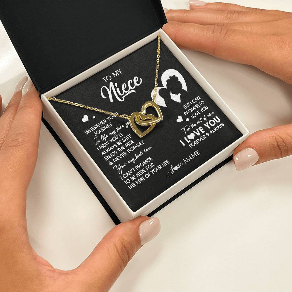 Interlocking Hearts Necklace 18K Yellow Gold Finish | 2 | Personalized To My Niece Necklace From Aunt Auntie Wherever Your Journey Niece Birthday Gifts Jewelry Graduation Christmas Customized Gift Box Message Card | siriusteestore