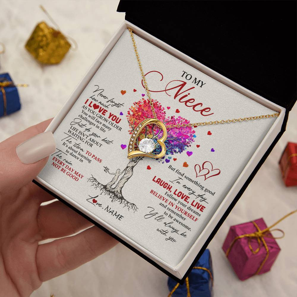 Forever Love Necklace 18K Yellow Gold Finish | 2 | Personalized To My Niece Necklace From Aunt Aunty Colorful Tree Never Forget I Love You Niece Birthday Graduation Christmas Customized Gift Box Message Card | siriusteestore