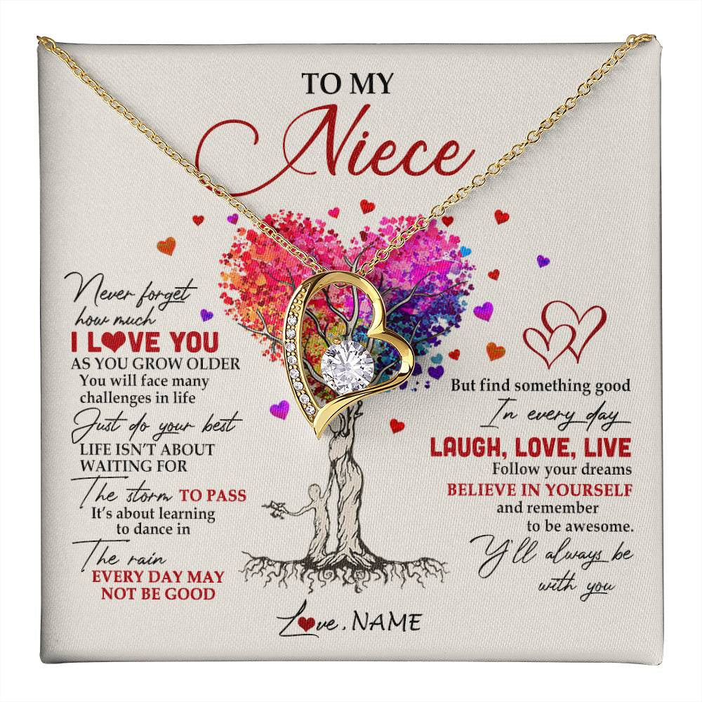 Forever Love Necklace 18K Yellow Gold Finish | 1 | Personalized To My Niece Necklace From Aunt Aunty Colorful Tree Never Forget I Love You Niece Birthday Graduation Christmas Customized Gift Box Message Card | siriusteestore