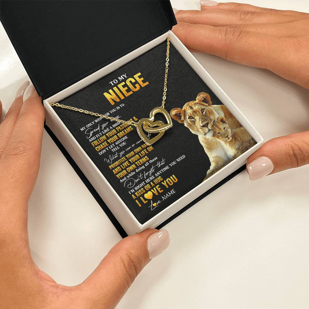 Interlocking Hearts Necklace 18K Yellow Gold Finish | 2 | Personalized To My Niece Necklace From Aunt Aunty Lion My Only Wish For You Niece Birthday Graduation Christmas Customized Gift Box Message Card | siriusteestore