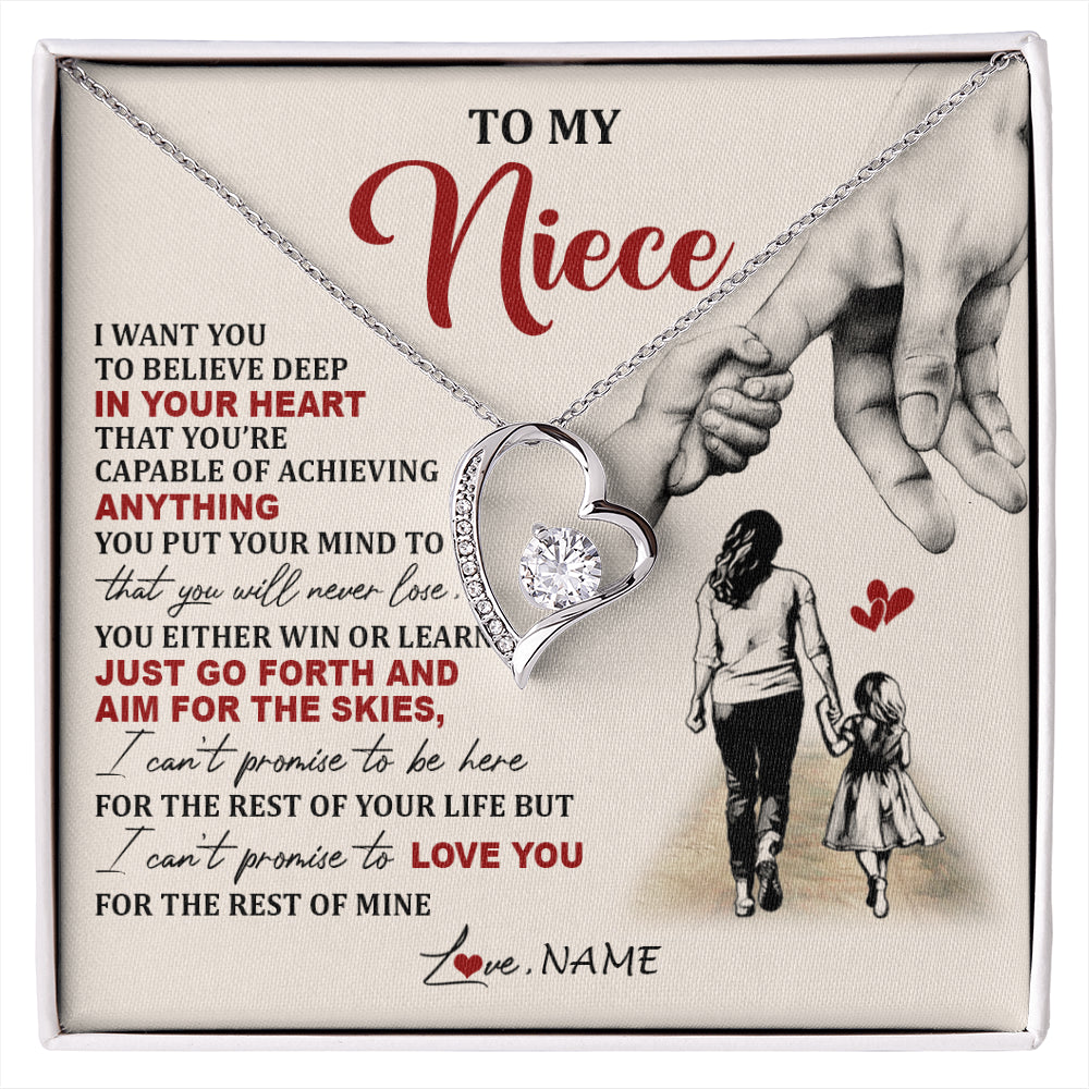 Forever Love Necklace 14K White Gold Finish | 1 | Personalized To My Niece Necklace From Aunt Promise To Love You Niece Birthday Valentines Day Graduation Christmas Customized Gift Box Message Card | siriusteestore