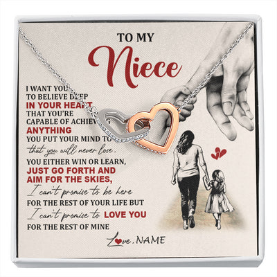 Interlocking Hearts Necklace Stainless Steel & Rose Gold Finish | 1 | Personalized To My Niece Necklace From Aunt Promise To Love You Niece Birthday Valentines Day Graduation Christmas Customized Gift Box Message Card | siriusteestore