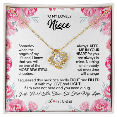Love Knot Necklace 18K Yellow Gold Finish | 1 | Personalized To My Niece Necklace From Aunt Uncle Always Keep Me in Your Heart Niece Jewelry Pendant Birthday Graduation Christmas Customized Message Card | siriusteestore