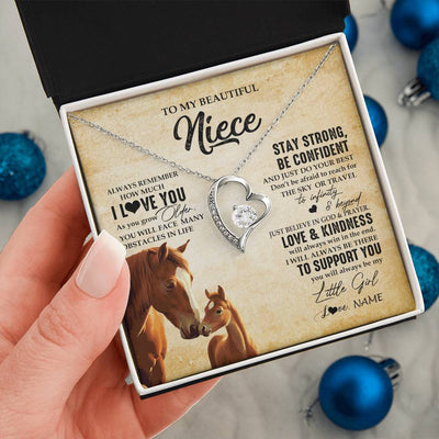 Forever Love Necklace 14K White Gold Finish | 2 | Personalized To My Niece Necklace From Aunt Uncle Always Remember I Love You Horse Niece Birthday Jewelry Graduation Christmas Customized Gift Box Message Card | siriusteestore