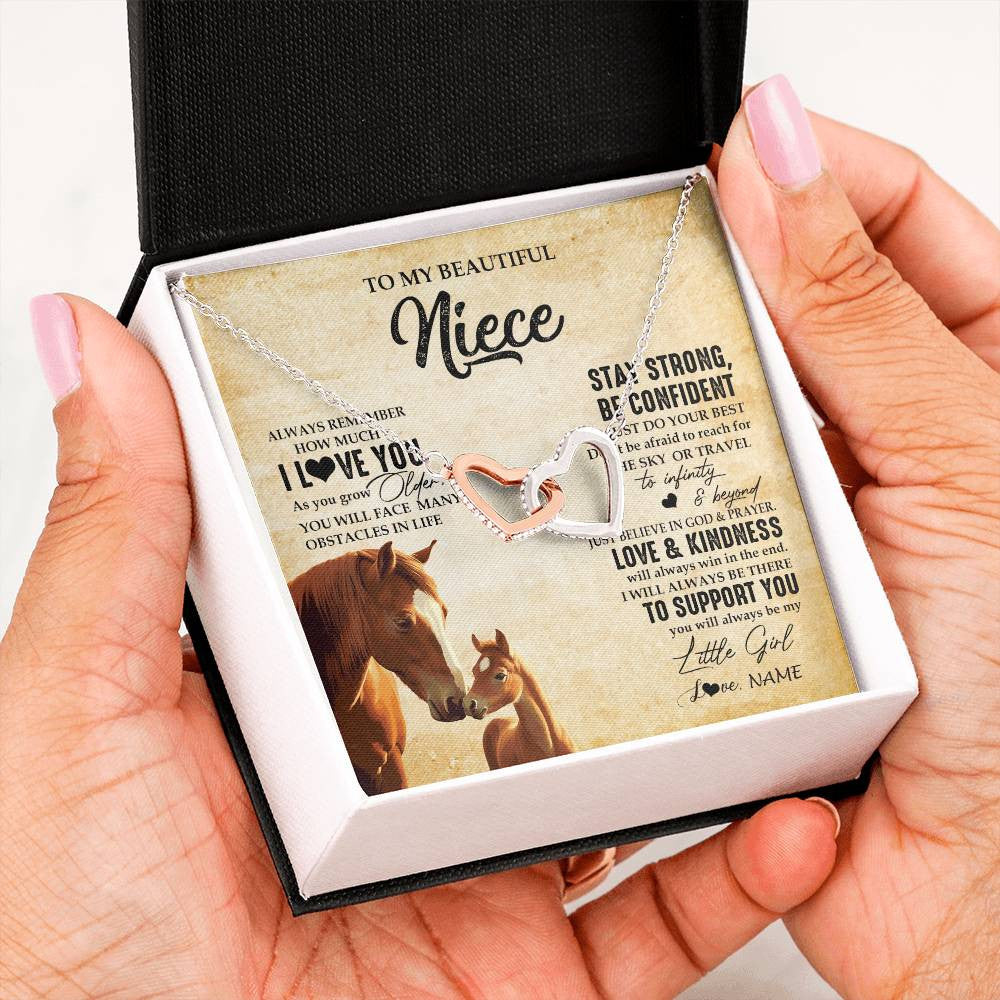 Interlocking Hearts Necklace Stainless Steel & Rose Gold Finish | 2 | Personalized To My Niece Necklace From Aunt Uncle Always Remember I Love You Horse Niece Birthday Jewelry Graduation Christmas Customized Gift Box Message Card | siriusteestore