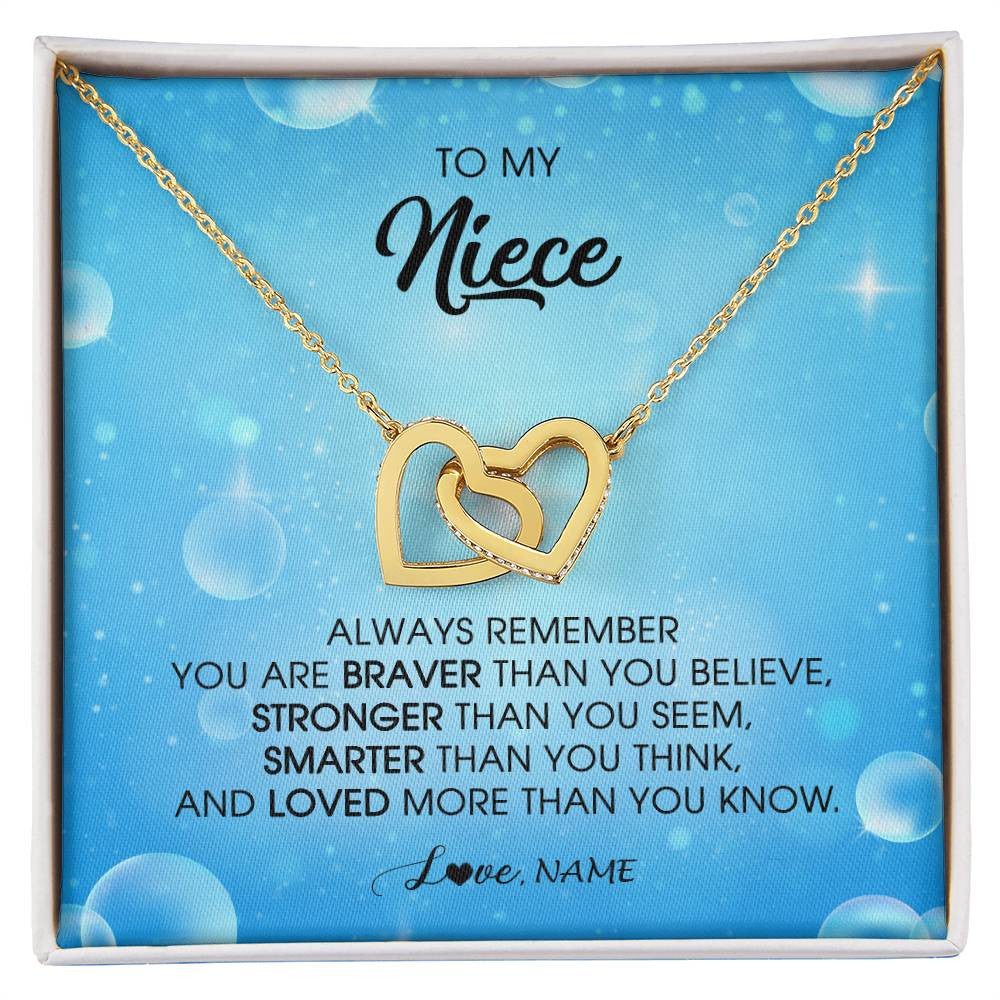 Interlocking Hearts Necklace 18K Yellow Gold Finish | Personalized To My Niece Necklace From Aunt Uncle Auntie Always Remember You Are Braver Niece Pendant Jewelry Birthday Christmas Customized Message Card | siriusteestore