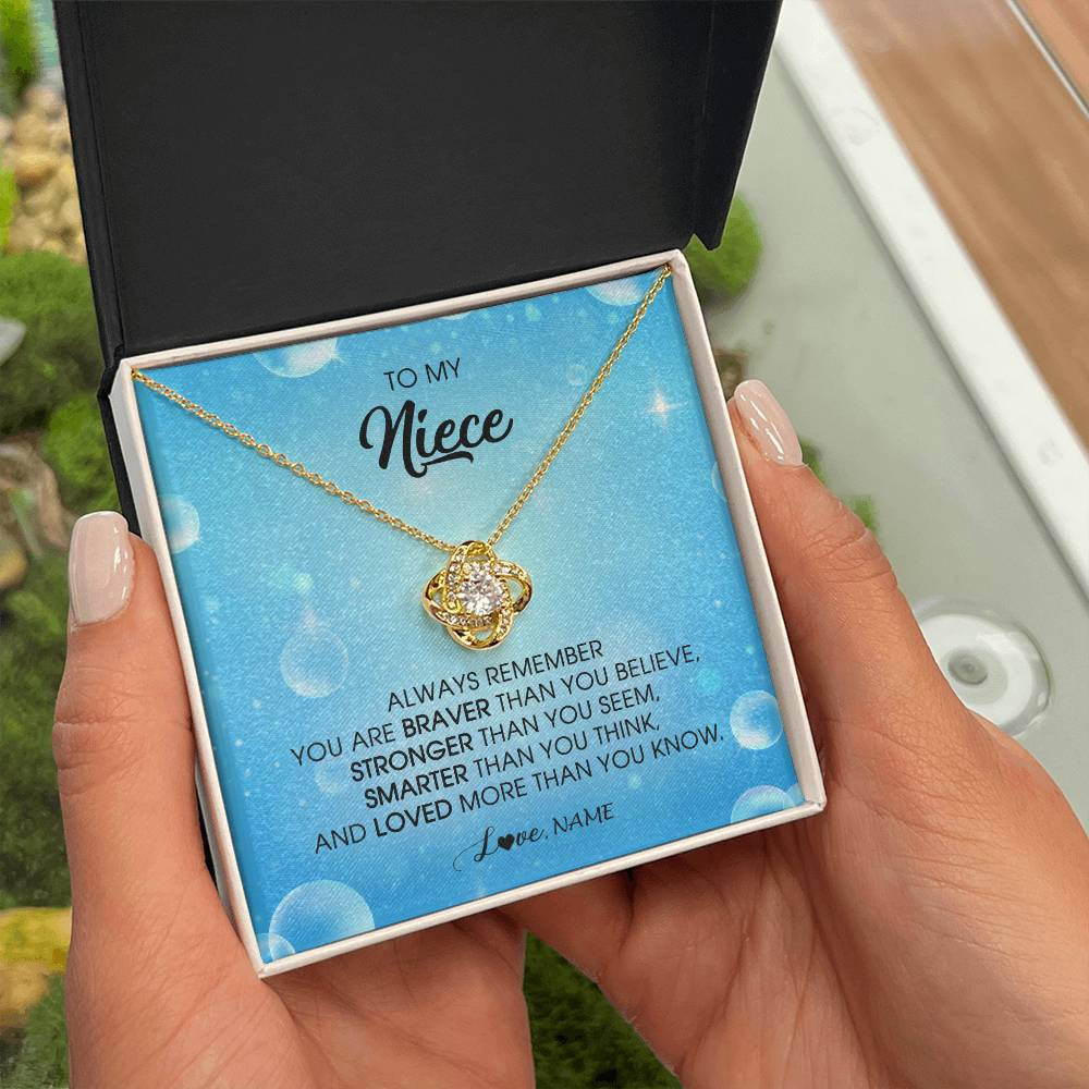 Love Knot Necklace 18K Yellow Gold Finish | Personalized To My Niece Necklace From Aunt Uncle Auntie Always Remember You Are Braver Niece Pendant Jewelry Birthday Christmas Customized Message Card | siriusteestore