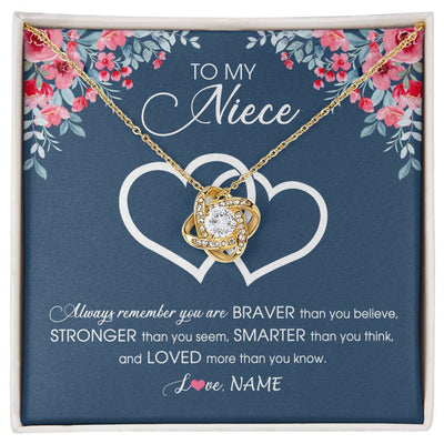 Love Knot Necklace 18K Yellow Gold Finish | Personalized To My Niece Necklace From Aunt Uncle Auntie Braver Stronger Smarter Loved Niece Pendant Jewelry Birthday Christmas Customized Message Card | siriusteestore