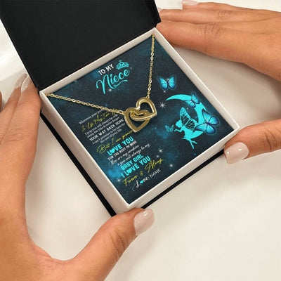 Interlocking Hearts Necklace 18K Yellow Gold Finish | 2 | Personalized To My Niece Necklace From Aunt Uncle Auntie Fairy Silhouette Fantasy Moon Niece Birthday Christmas Jewelry Customized Gift Box Message Card | siriusteestore